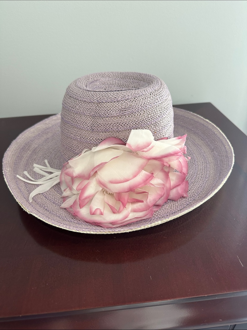 Lavender Wide-Brim Straw Hat with Pink Flower Accent